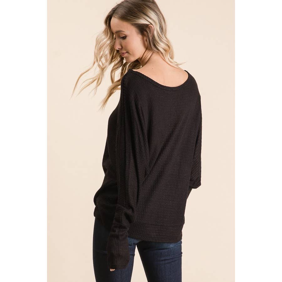 Whitney’s off the shoulder waffle knit top-Black