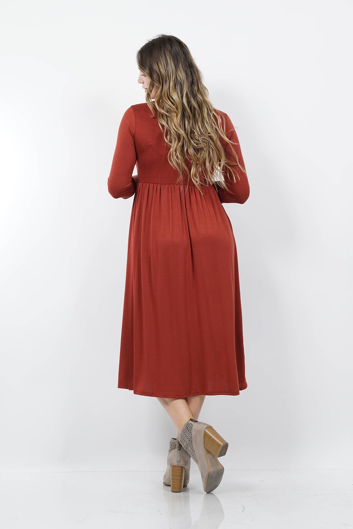 PLUS SIZE 3/4 sleeves empire shirring dress with pockets