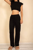 Elastic Hem Crop Top & Wide Leg Pants Set: Black
