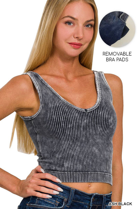 Washed Seamless Rib Crop Tank w/ Removable Bra-Black