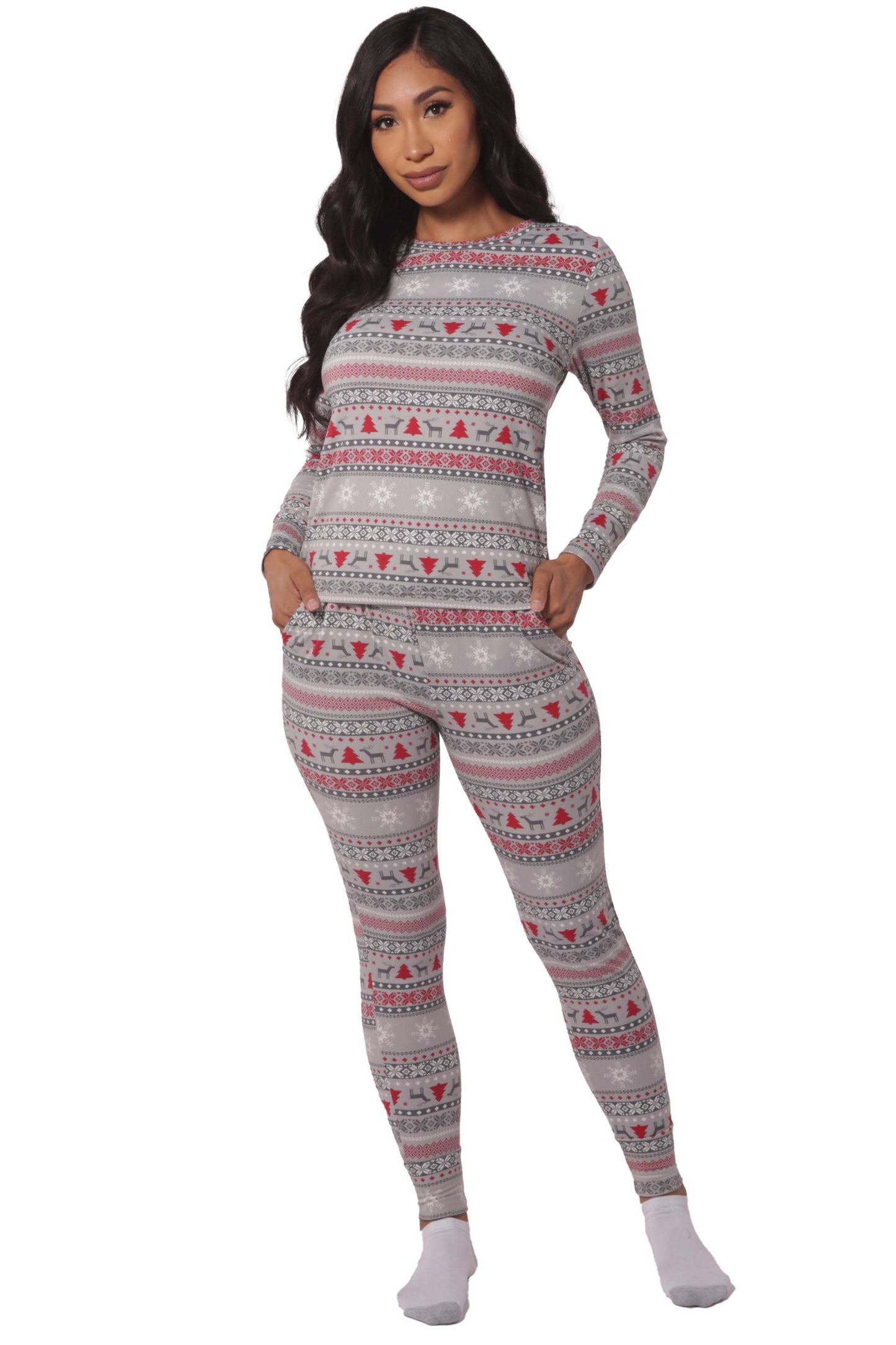 Womens Holiday Long Sleeve Top & Sweatpants Pajamas Set-Grey