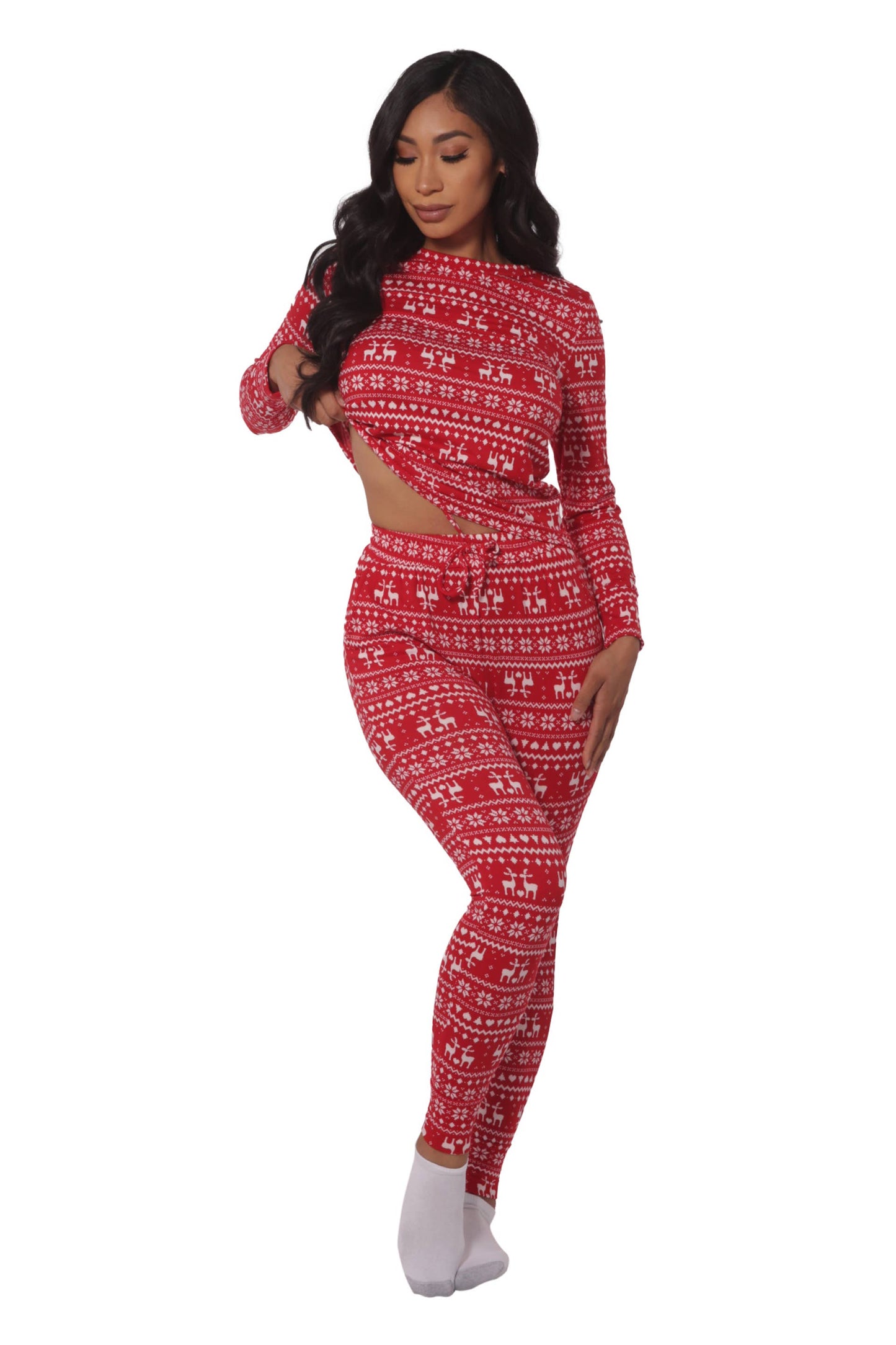 Womens Holiday Long Sleeve Top & Sweatpants Pajamas Set-Red