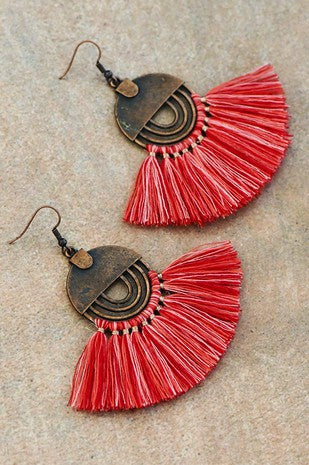 Boho chic fan/rainbow shaped tassel earrings