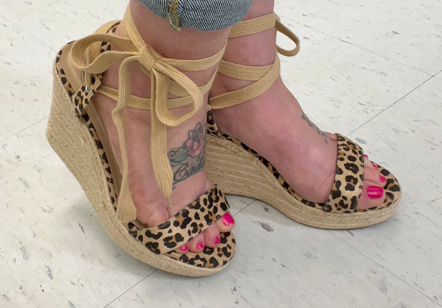 Peytons leopard strap wrap wedges